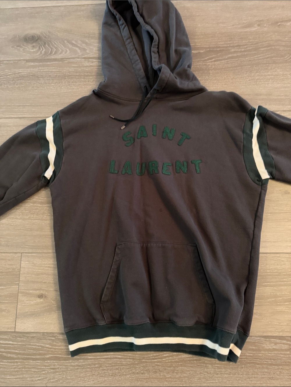 Saint Laurent Men's Charcoal Crewneck Hoodie with Green Logo